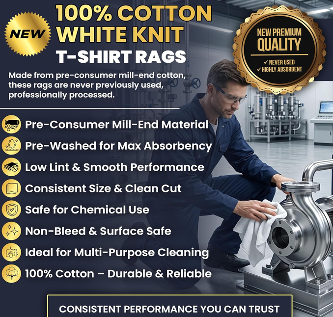 SupremePlus Premium New White Cotton Knit T-Shirt Rags (600 lbs. Pallet 24x25 lbs. Bag of Rags)