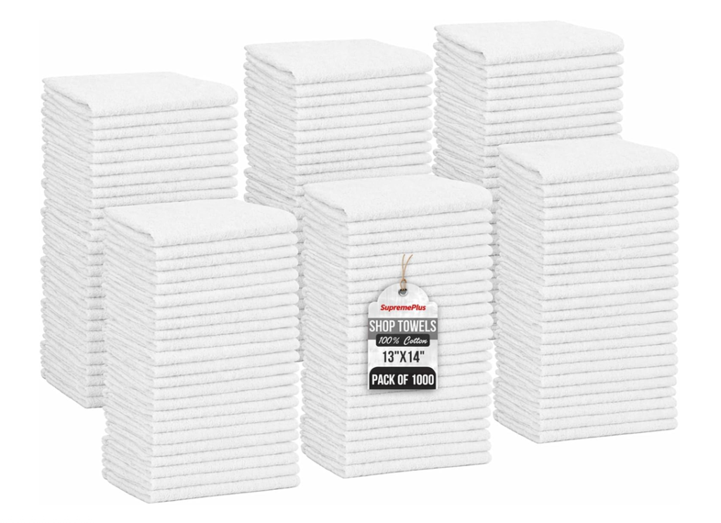 SupremePlus Premium Shop Towels, 1000 Pack, 13”x14”, Reusable White Rags Bulk, Durable & Multipurpose Commercial-Grade Cleaning Towels Cotton for Oil, Grease, Paint, Auto, Garage, and Industrial Use